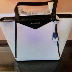 Michael kors leather white tote with black trim